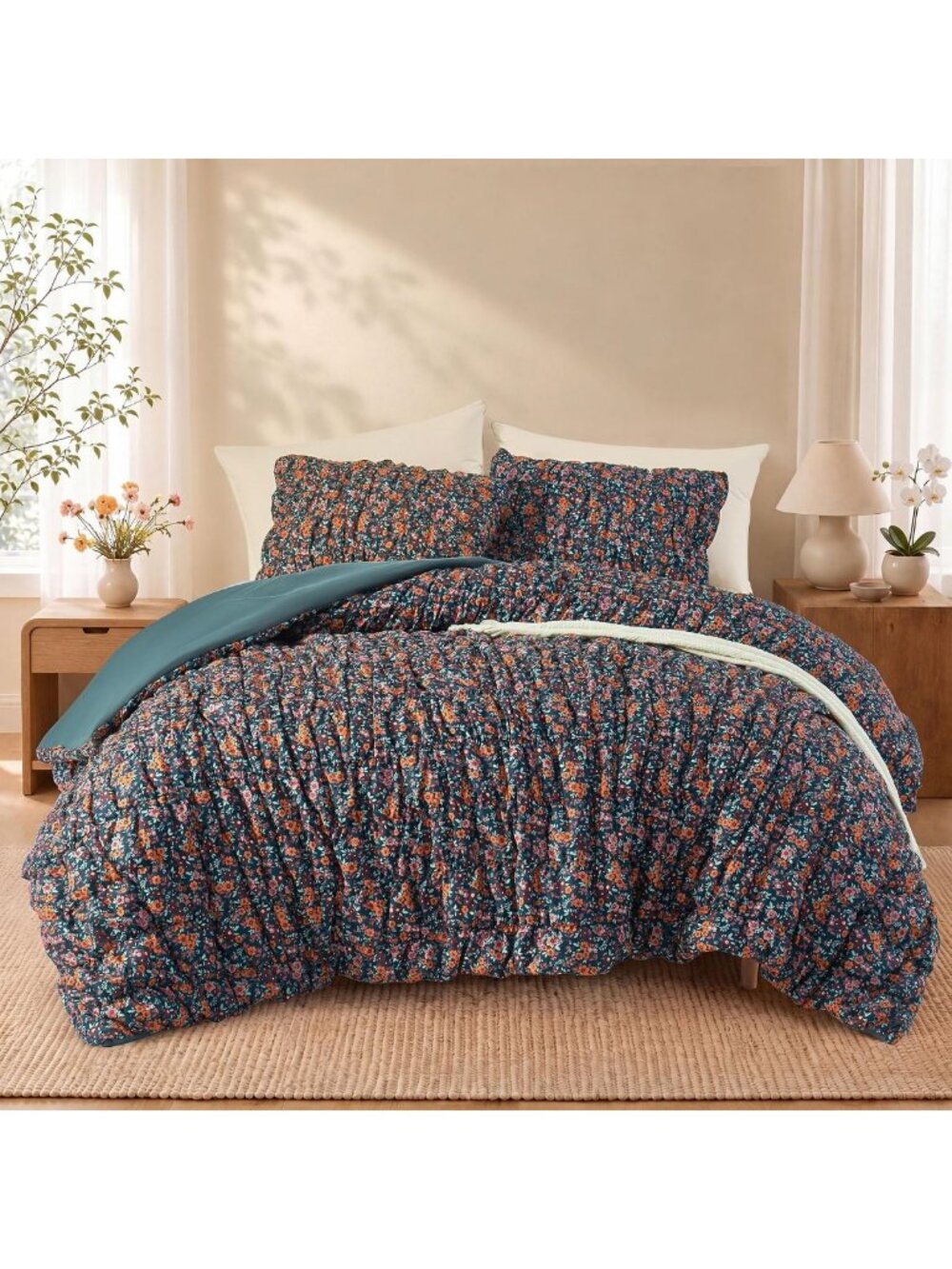 Queen Size 3-Piece Comforter Set - Dark Green Ruched Floral Bedding Ensemble